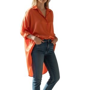 NWT I TOO Orange Polyester Satin Flowy Oversize Button Up Tunic Top Sz Large